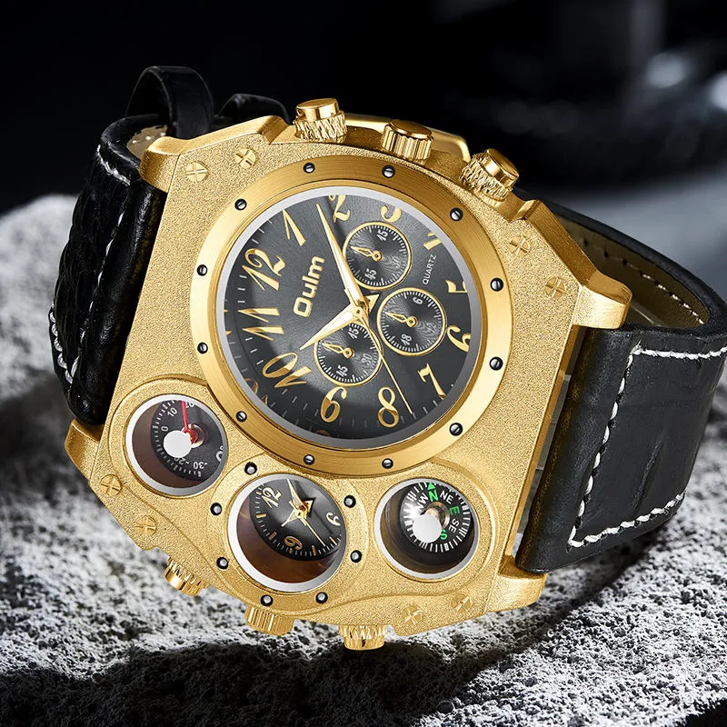 Men's Gold Black Big Dial Waterproof Leather Quartz Sport Watch