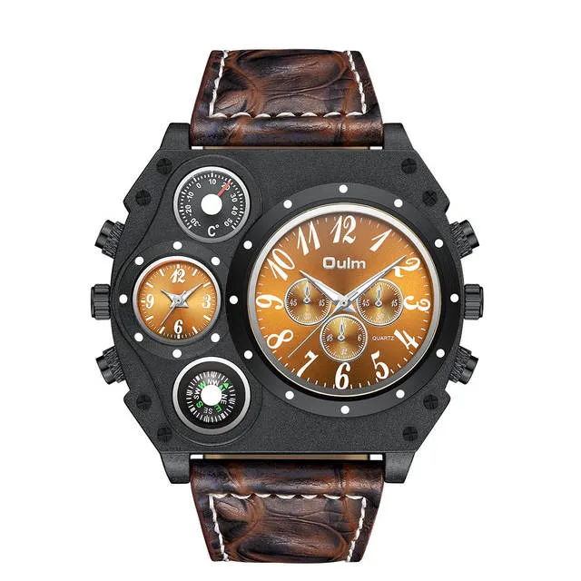 Men's Gold Black Big Dial Waterproof Leather Quartz Sport Watch