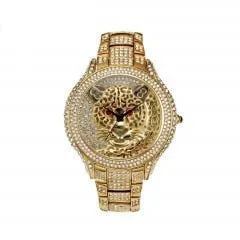 Men's Gold Tiger Red Eyes Stainless Steel Quartz Waterproof Wristwatch