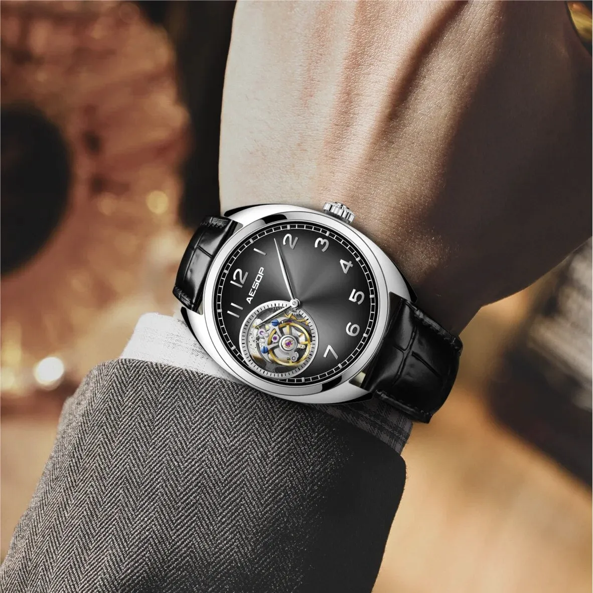 Men's Luxury Genuine Leather Tourbillon Waterproof Business Wristwatch