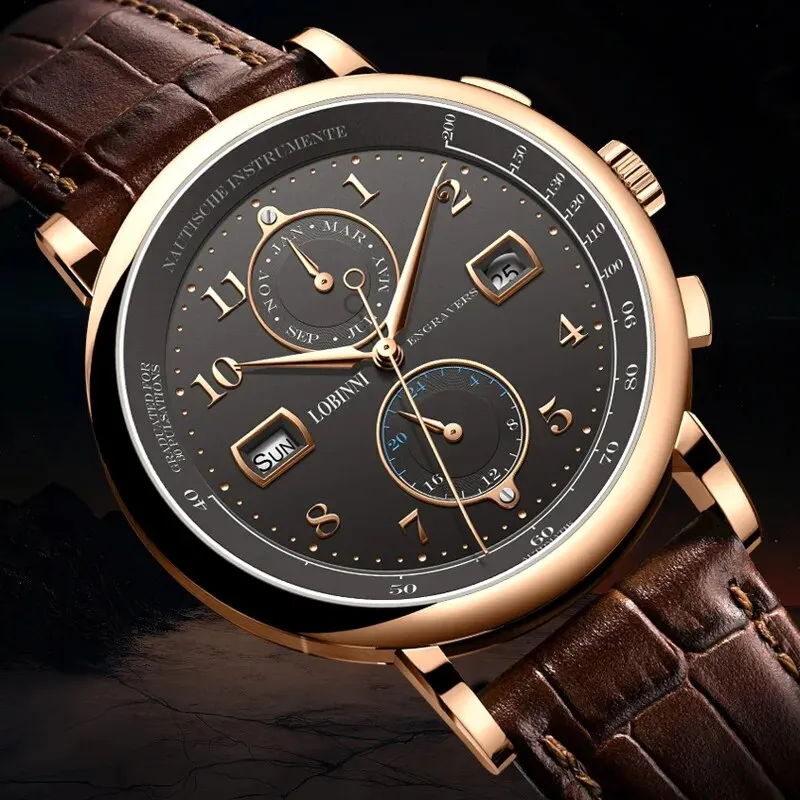 Men's Luxury Leather Waterproof Mechanical Wristwatch with Date Display