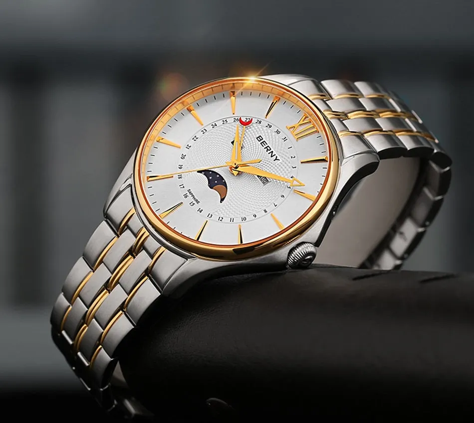 Men's Luxury Waterproof Stainless Steel Moon Phase Quartz Wristwatch