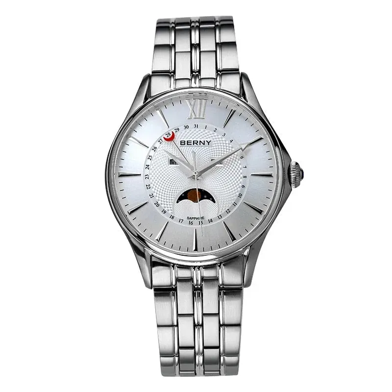 Men's Luxury Waterproof Stainless Steel Moon Phase Quartz Wristwatch