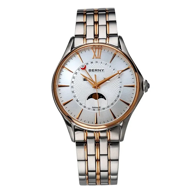 Men's Luxury Waterproof Stainless Steel Moon Phase Quartz Wristwatch