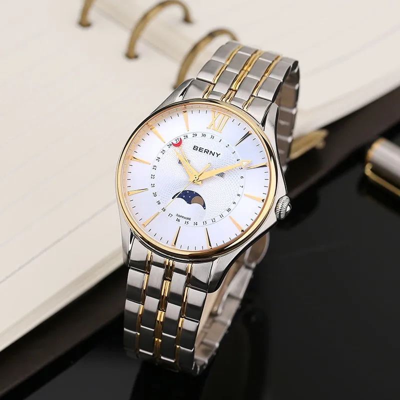 Men's Luxury Waterproof Stainless Steel Moon Phase Quartz Wristwatch