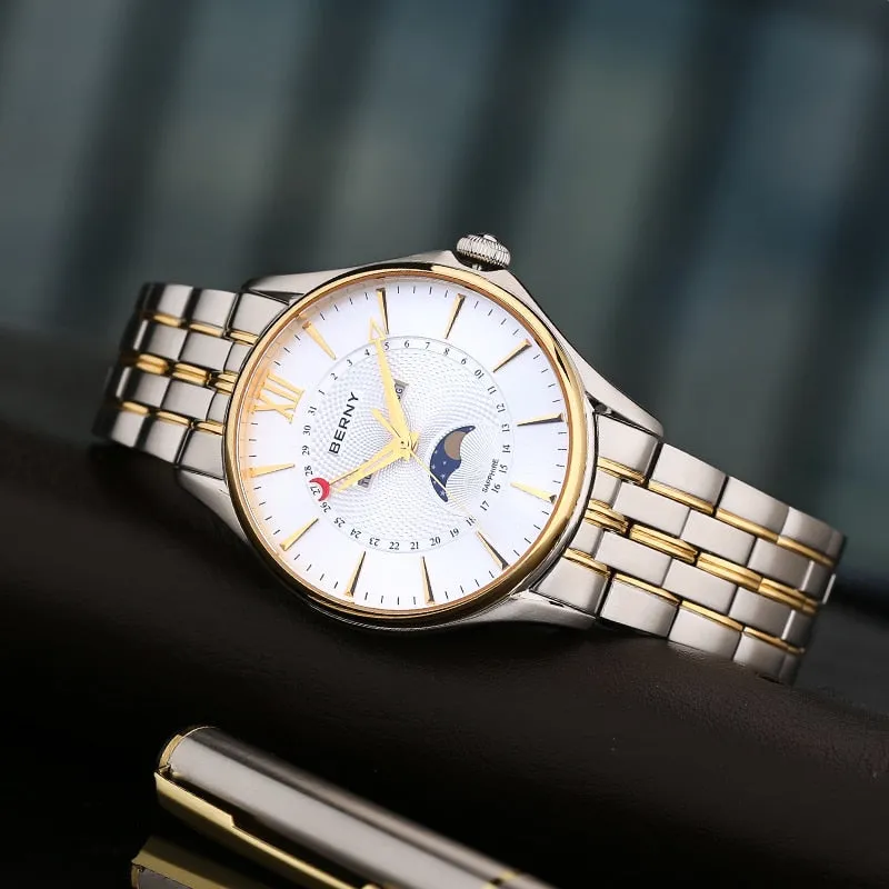 Men's Luxury Waterproof Stainless Steel Moon Phase Quartz Wristwatch