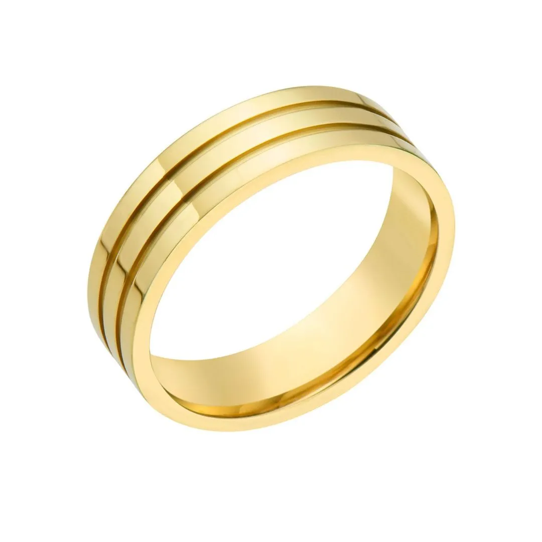 Men's Tarnish Resistant 14k Gold Plated Three Line Band