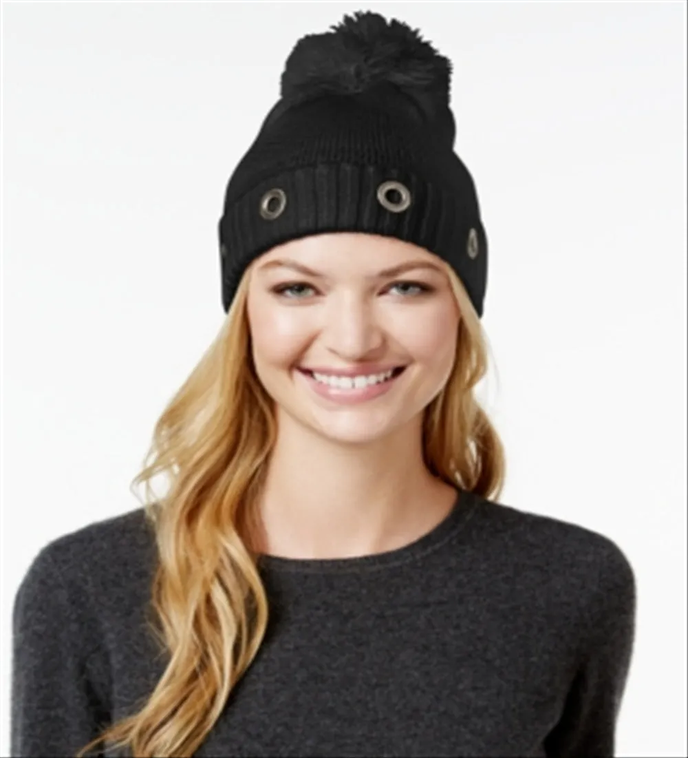 Steve Madden Women's Solid Grommet Cuff Hat Black Size Regular