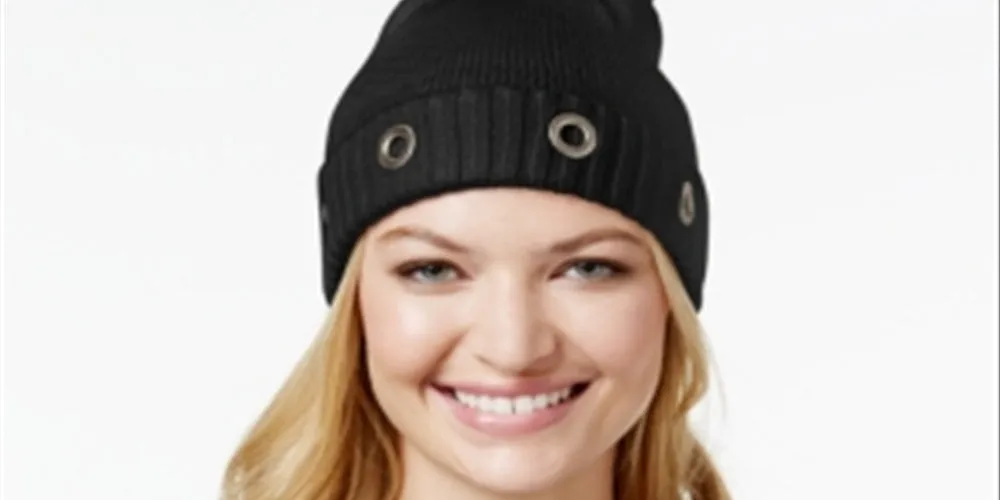 Steve Madden Women's Solid Grommet Cuff Hat Black Size Regular