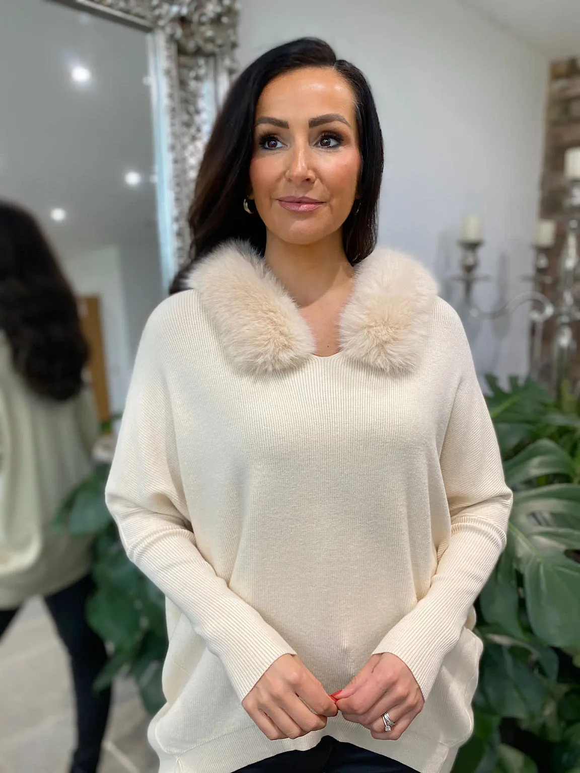 Stone Faux Fur Collar Jumper Mya