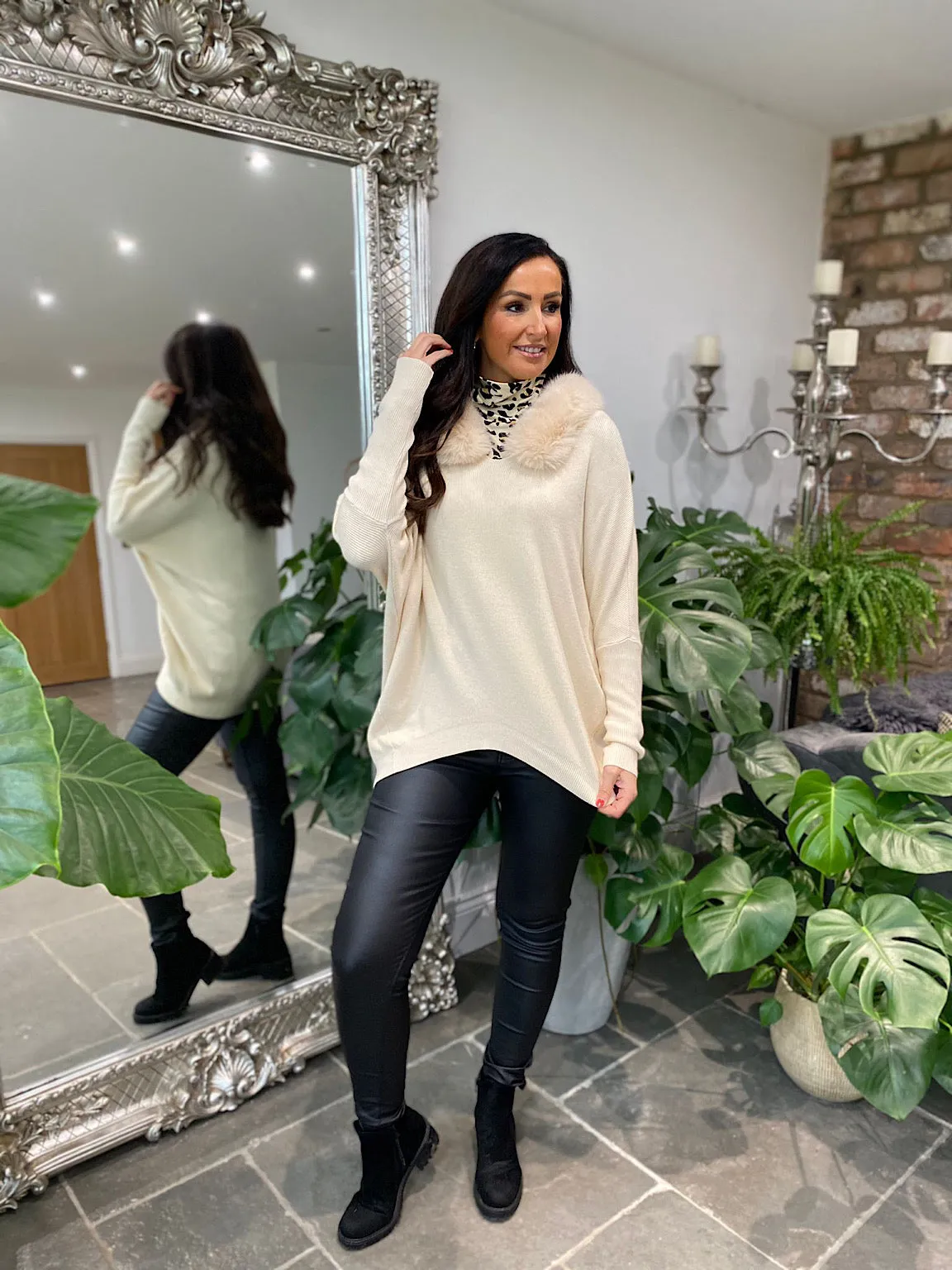 Stone Faux Fur Collar Jumper Mya