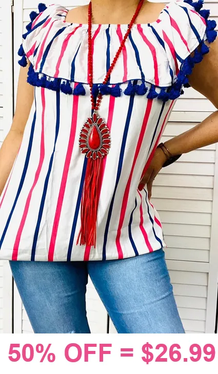 Striped Off-the- shoulder Top with fringe trim tassels