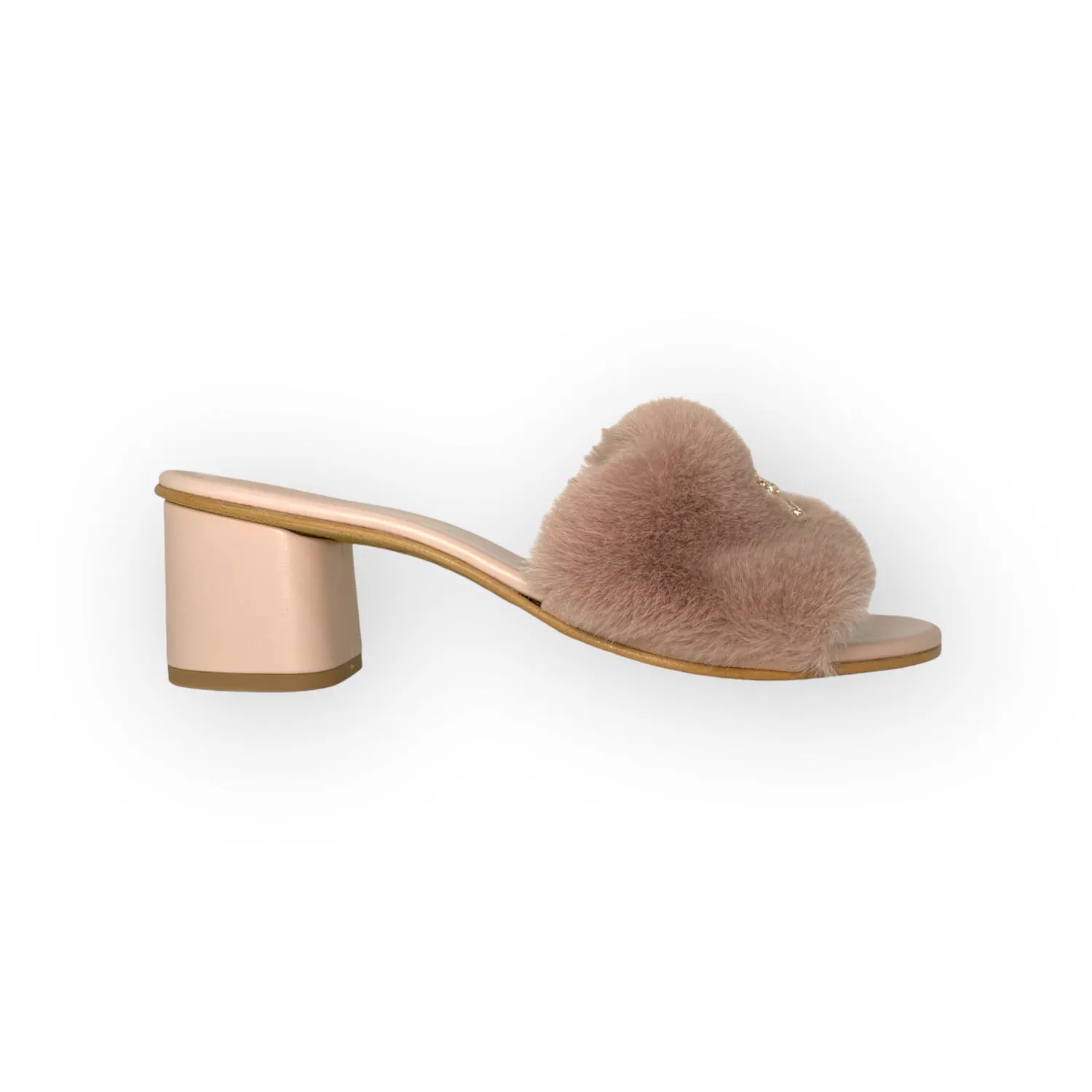 Victoria mule in nude pink faux fur with crystals